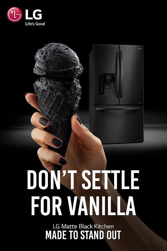 LG Matte Black Ice cream and Refrigerator with slogan