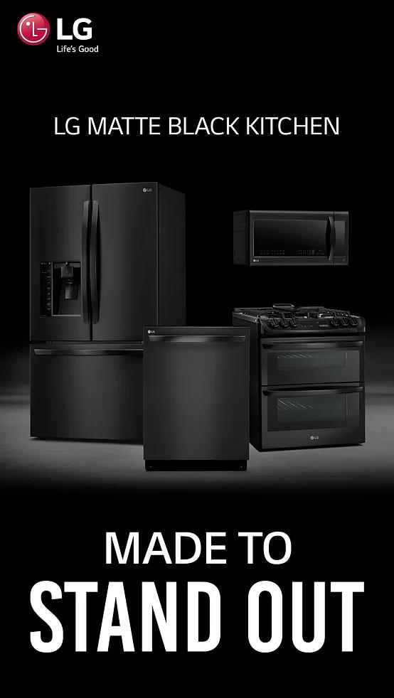 LG Matte Black appliances with slogan