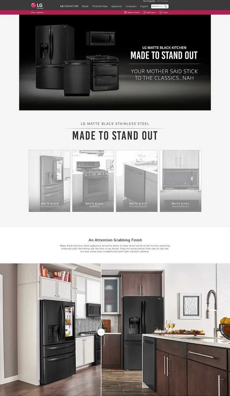 screenshot of LG's Matte Black webpage (1st portion)